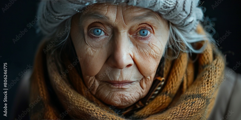 crop elderly gray haired female looking at camera with wrinkled face and in warm clothes while in light against dark background crop elderly gray haired female looking at camera with wrinkled face and in warm clothes while in light against dark background