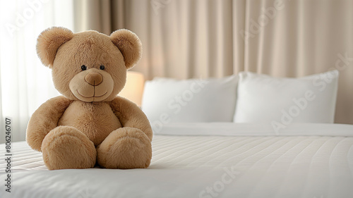 Teddy Bear on a Hotel Bed