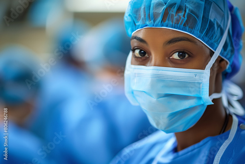 Healthcare professional wearing a surgical mask and scrub cap stands confidently in a busy hospital hallway, symbolizing dedication and safety.