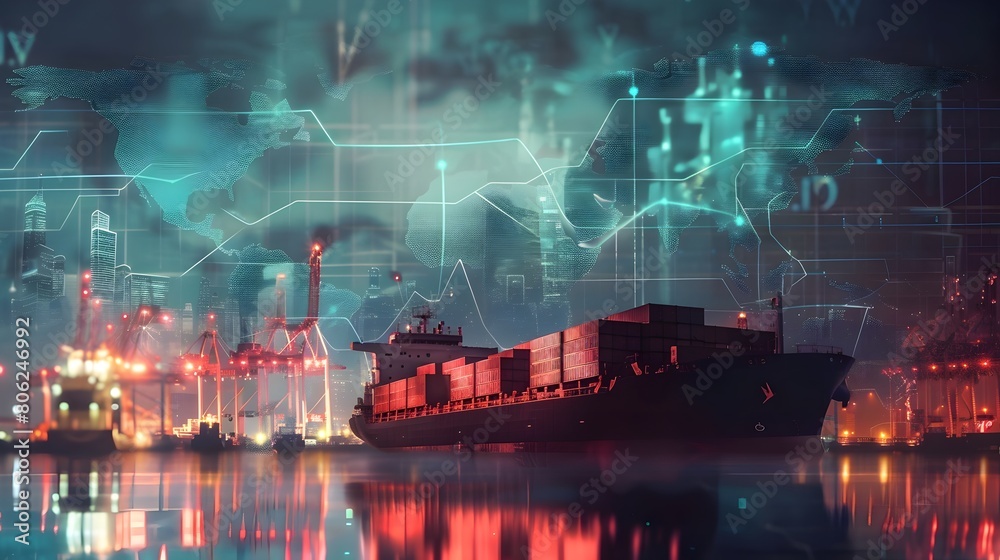 Illustration of Cargo Ship in Harbor with Financial Growth Chart Illustration of Cargo Ship in Harbor with Financial Growth Chart