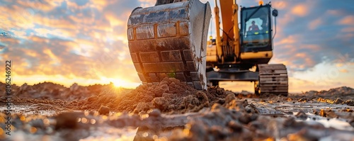 Close-up of working excavator bucket on the sky background