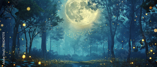 A magical forest at night with fireflies lighting up the enchanting scene with moonlight.