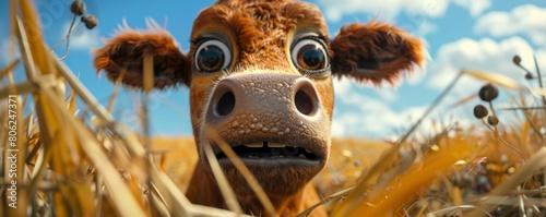 Crazy looking cow with wide eyes. Mad cow disease.