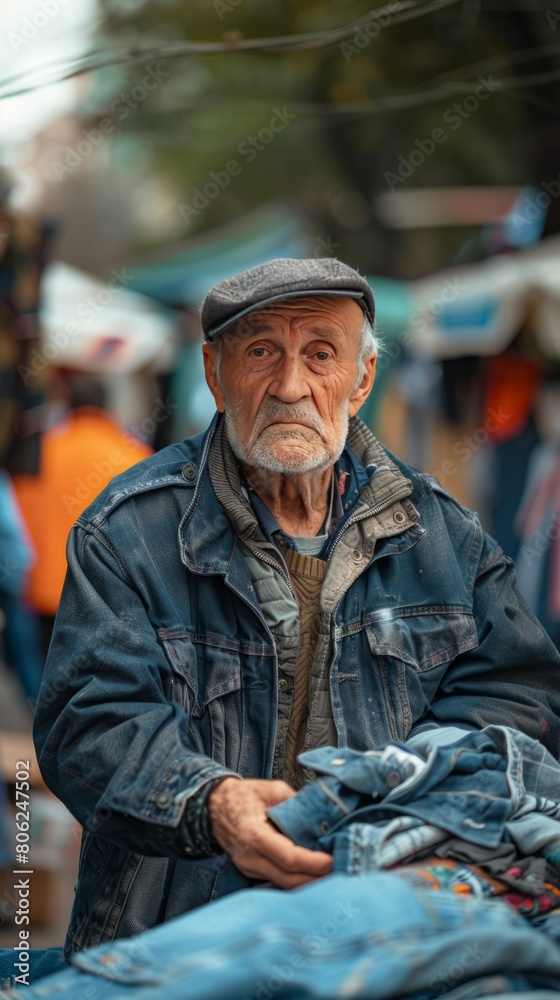 man with cap folds second hand clothes for sale at street market