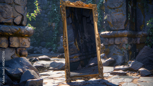 a beautiful floor-length golden standing mirror with a black surface. it is set by itself