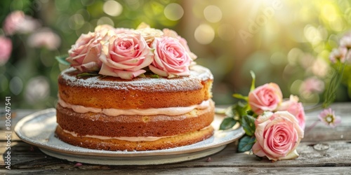beautifully decorated layer cake topped with pink roses on a wooden table with a sunny garden setting in the background