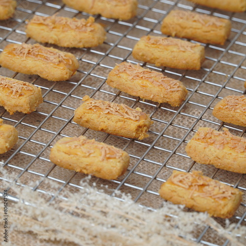 Fresh from the oven crunchy kaastengels cookies Indonesian cookies typically served during Hari Raya Idul Fitri
