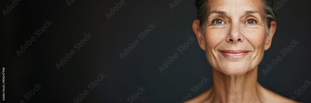 Mature woman smiling on dark background, banner with copy space. Close-up of elderly lady exuding confidence and happiness, ideal for themes of aging gracefully, health, and wellness in later life.