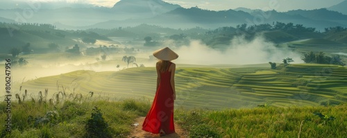 woman in red dress in misty landscape of ricefield in Vietnam photo