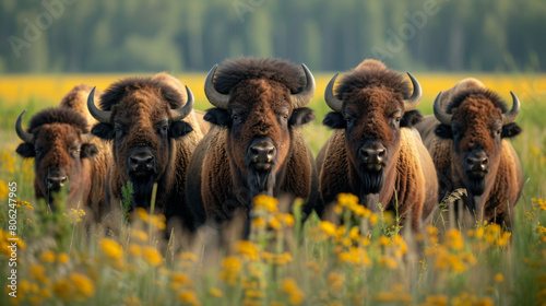 A serene view of a herd of bison standing amidst vibrant yellow wildflowers in a lush green meadow during sunset.