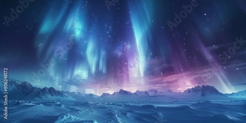 Blue Aurora Borealis over Snow covered Landscape. Majestic Northern Lights Background with copy-space.