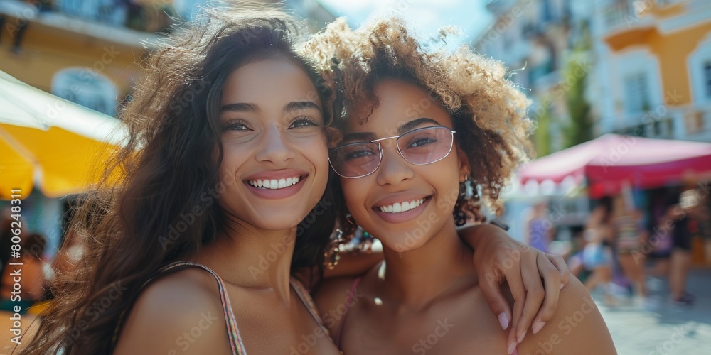 Smiling ethnic women hugging on street and looking at camera Smiling ethnic women hugging on street and looking at camera