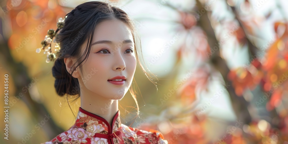 Modern Chinese woman in a stylish floral outfit at park Modern Chinese woman in a stylish floral outfit at park