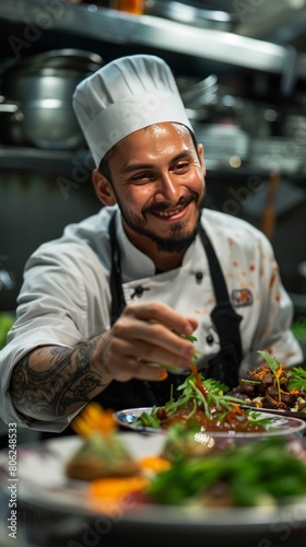 Happy chef garnishing dishes with sauce