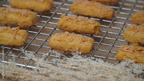 Fresh from the oven crunchy kaastengels cookies Indonesian cookies typically served during Hari Raya Idul Fitri
