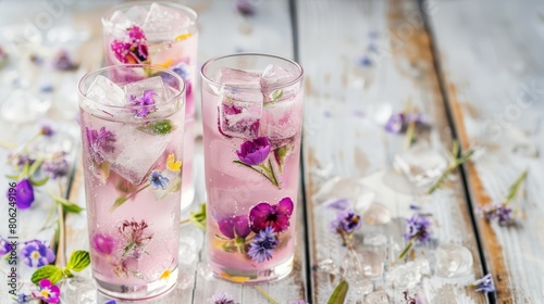 Photo of effervescent pink cocktails adorned with vibrant edible flowers in tall glasses  set on a rustic wooden backdrop.