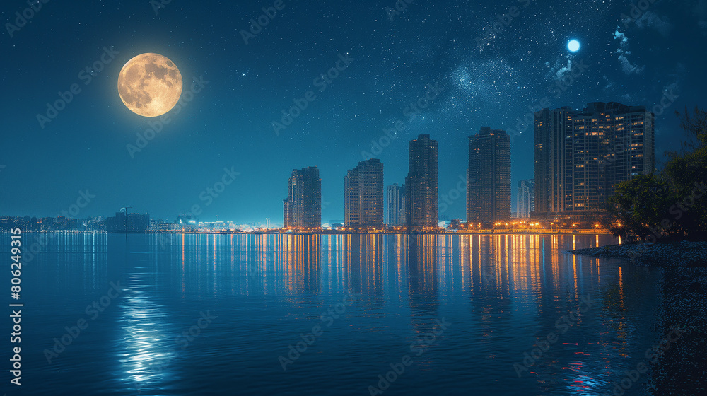 night, city, skyline, water
