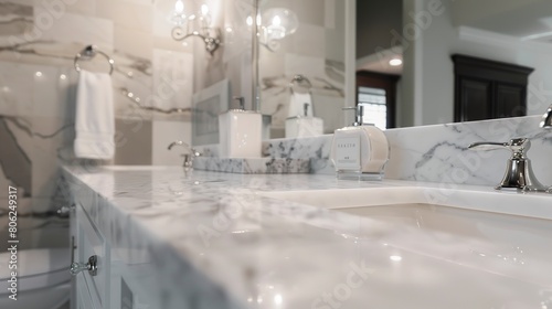 Luxury bathroom in model home, close-up of marble vanity, refined details, ambient lighting 