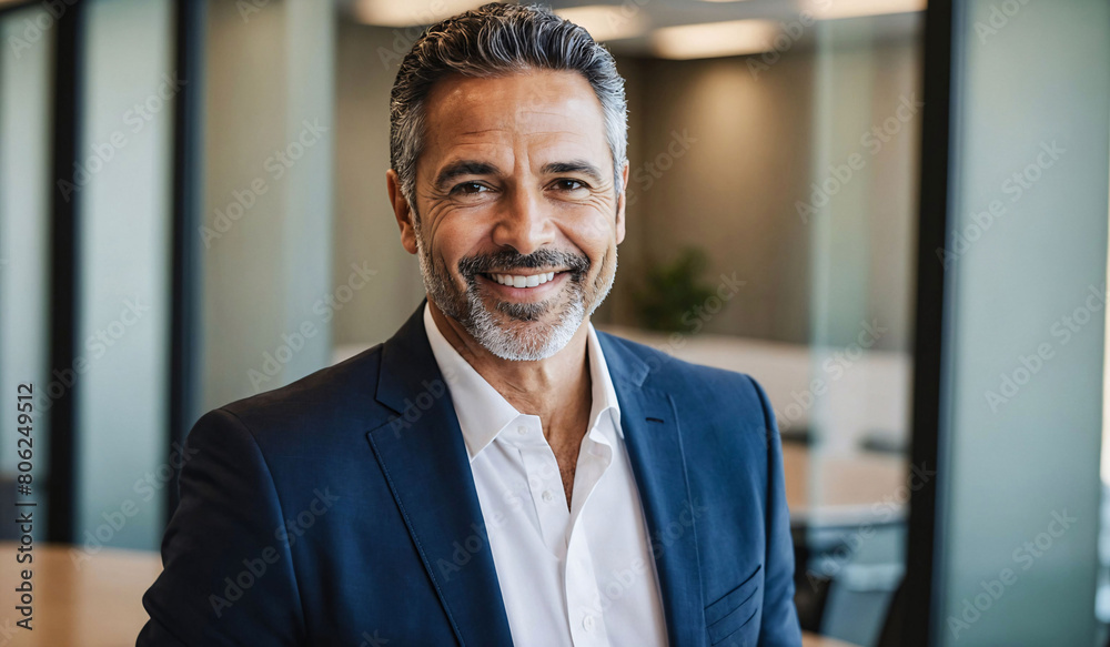 AI generated illustration of a smiling man in a suit and tie in an office