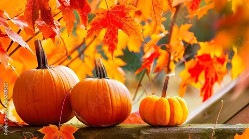 Autumn retreat  pumpkin decorations on porch close-up  crisp fall leaves background 