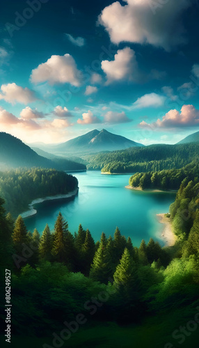  featuring a serene lake with crystal-clear waters, dense forests, and a distant mountain.