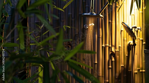 Tropical resort  outdoor shower close-up  bamboo details  twilight lighting 