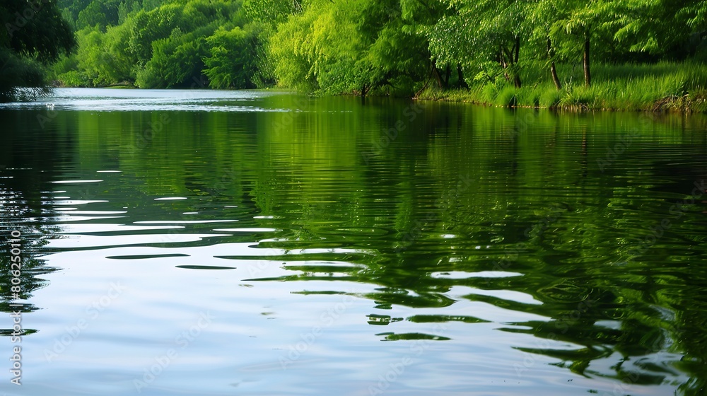 Riverfront property, rippling water surface close-up, reflections of green trees, peaceful morning Riverfront property, rippling water surface close-up, reflections of green trees, peaceful morning