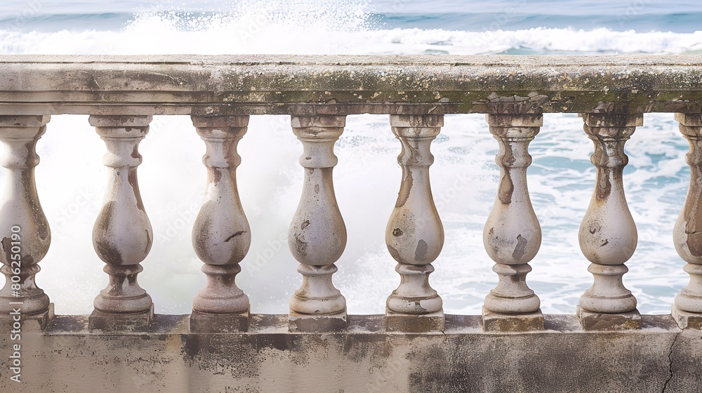 Fototapeta premium Oceanfront balcony, salt-stained railing close-up, crashing waves below, breezy day 