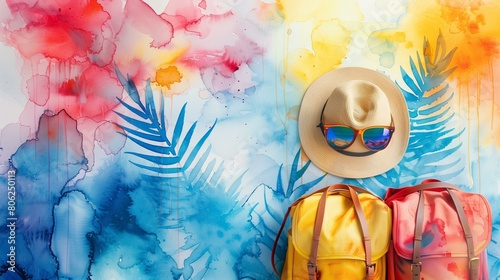 summer vacation, travel and adventure concept with straw hat, sunglasses and backpacks on watercolor background,