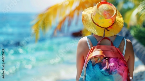 Vacation  woman with backpack and straw hat at tropical beach  adventure explore relax enjoy freedom