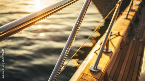 Luxury yacht by private pier, polished wood rail close-up, calm waters, golden sunset photo