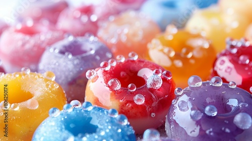 Sweet, colorful gummy donuts with water drops, reflection light fun playful nostalgia