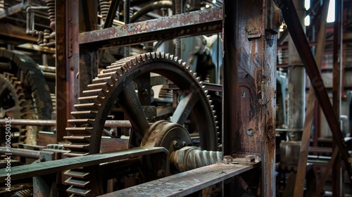 Manufacturing plant, machinery gear close-up, intricate metalwork, indoor lighting 