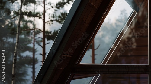 A-frame cabin  triangular window close-up  forest view  dusk light