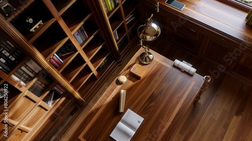 Elegant home office, large oak desk, classic bookcase filled, ambient lighting, detailed close-up from above 