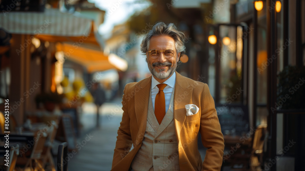 Obraz premium Dapper senior man with glasses smiling on city sidewalk