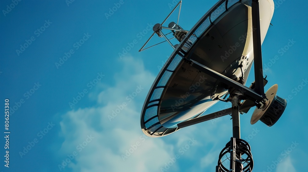 Close-up of a satellite dish on a communication tower, crisp focus on reflective surface, blue sky background, afternoon light 