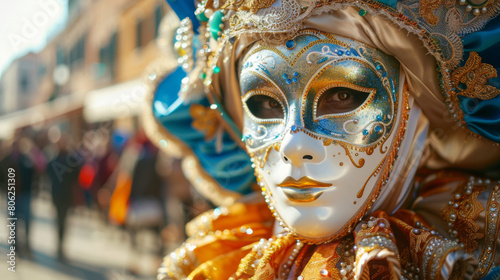 Close-up of an ornate Venetian carnival mask adorned with intricate designs and vibrant colors, captured in daylight. © khonkangrua