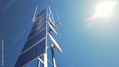 Mobile communication tower with solar panels, close-up on technology integration, bright sunny day, clear blue sky photo