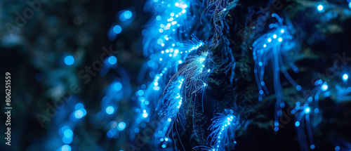 Ethereal glowworms create enchanting light display in dark cave, casting a mesmerizing glow. photo