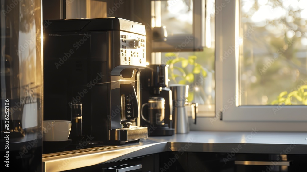 Kitchen with IoT enabled coffee maker, close-up on control panel, morning light streaming through window Kitchen with IoT enabled coffee maker, close-up on control panel, morning light streaming through window