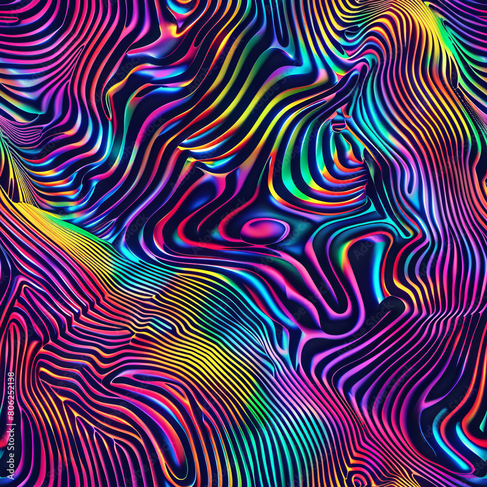 Fototapeta premium Optical line illustration with holographic colors, seamless pattern