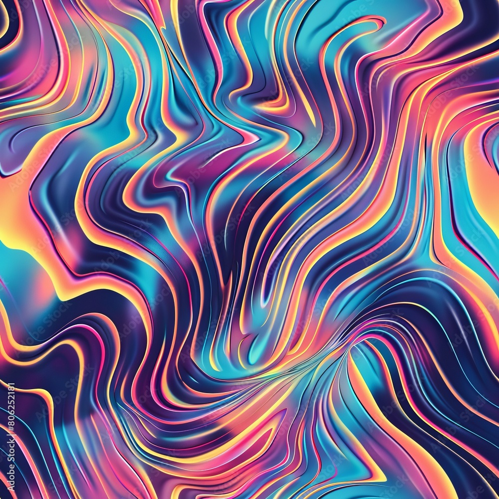 Abstract line illustration with holographic colors, seamless pattern