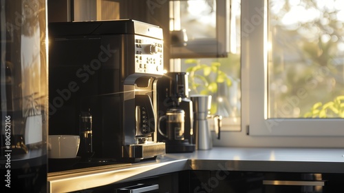 Kitchen with IoT enabled coffee maker, close-up on control panel, morning light streaming through window photo
