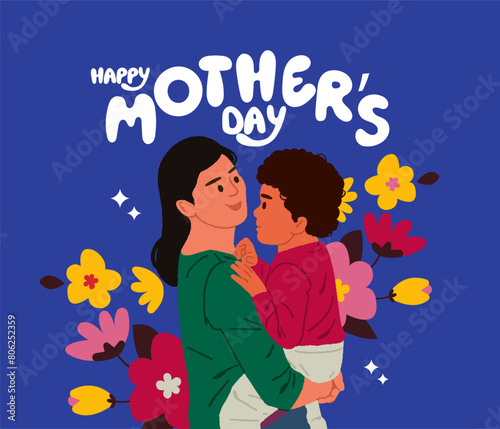 Happy Mother's Day lettering with Mother and Daughter vector illustration for social media banner