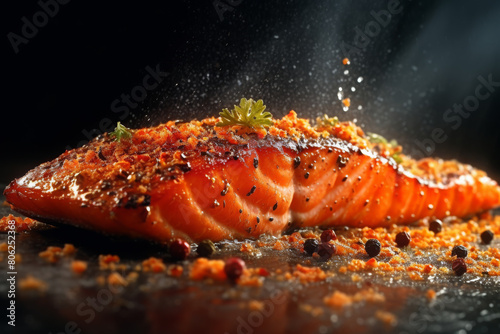 close up sear salmon fillet with hot heat smoke flame 