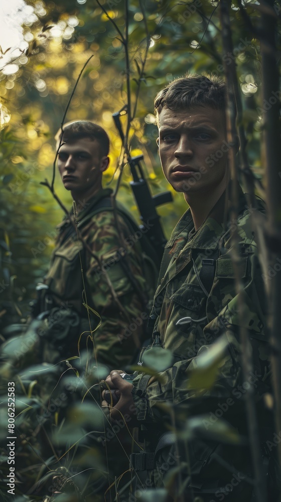 f emotionless young soldiers in military uniform standing in a forest and looking at camera