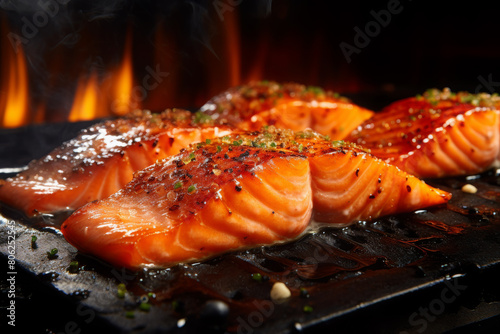 close up sear salmon fillet with hot heat smoke flame  photo