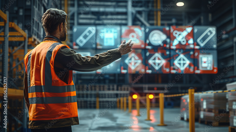 Obraz premium A male industrial worker uses advanced digital interface technology to control warehouse operations in a modern factory.