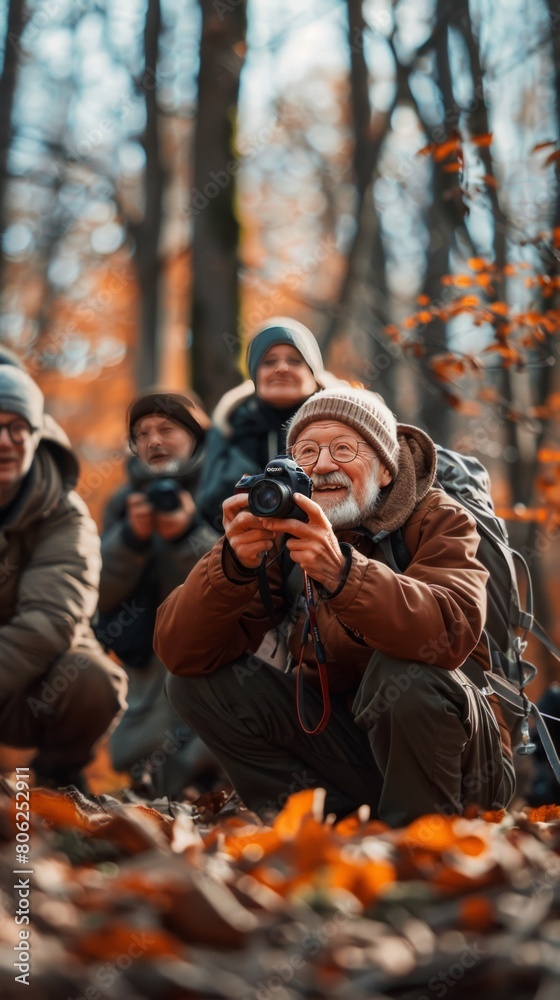 Group of senior people taking a photo with a camera while they are out hiking and preparing to camp in a forest Group of senior people taking a photo with a camera while they are out hiking and preparing to camp in a forest